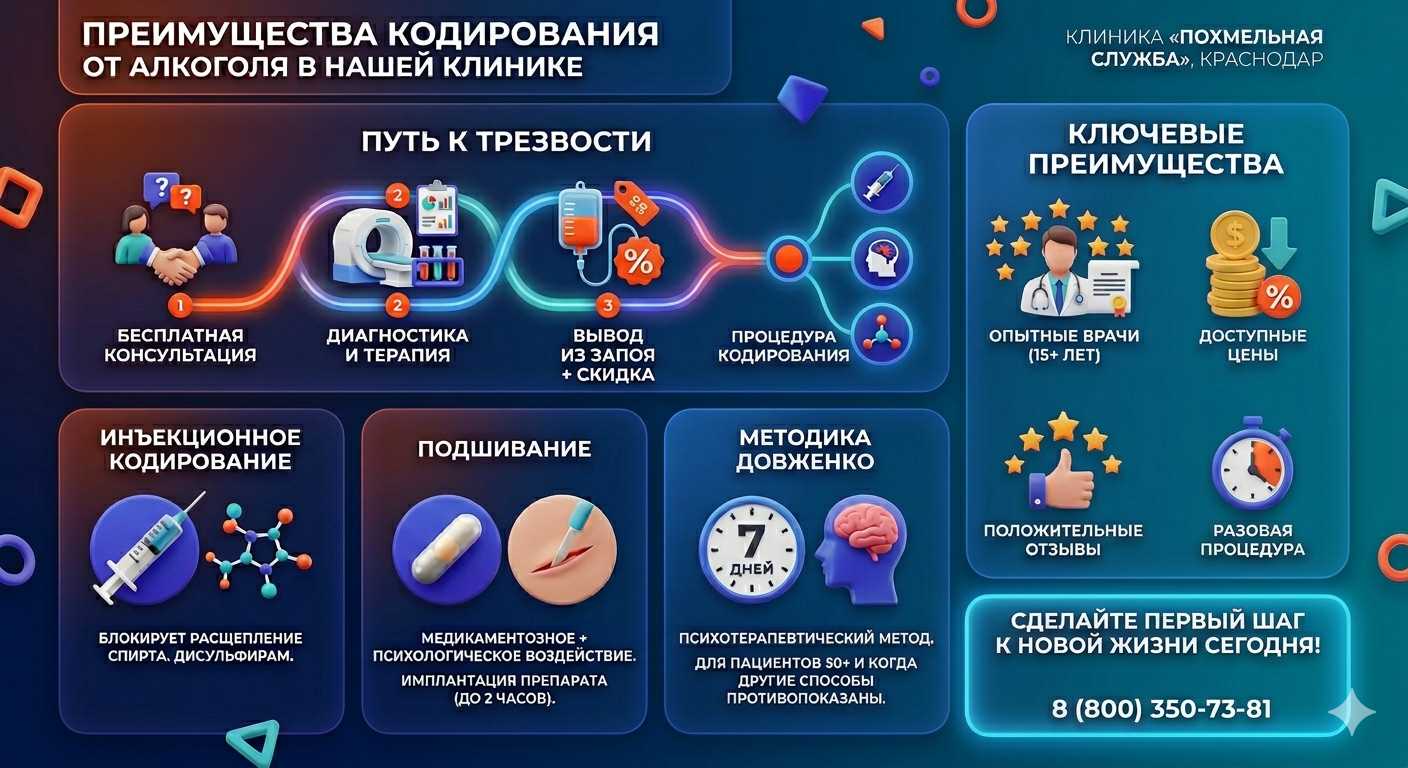 Инфографика о методах кодирования от алкоголя в Ишимбае: инъекции, подшивание, метод Довженко. Преимущества клиники и этапы лечения.