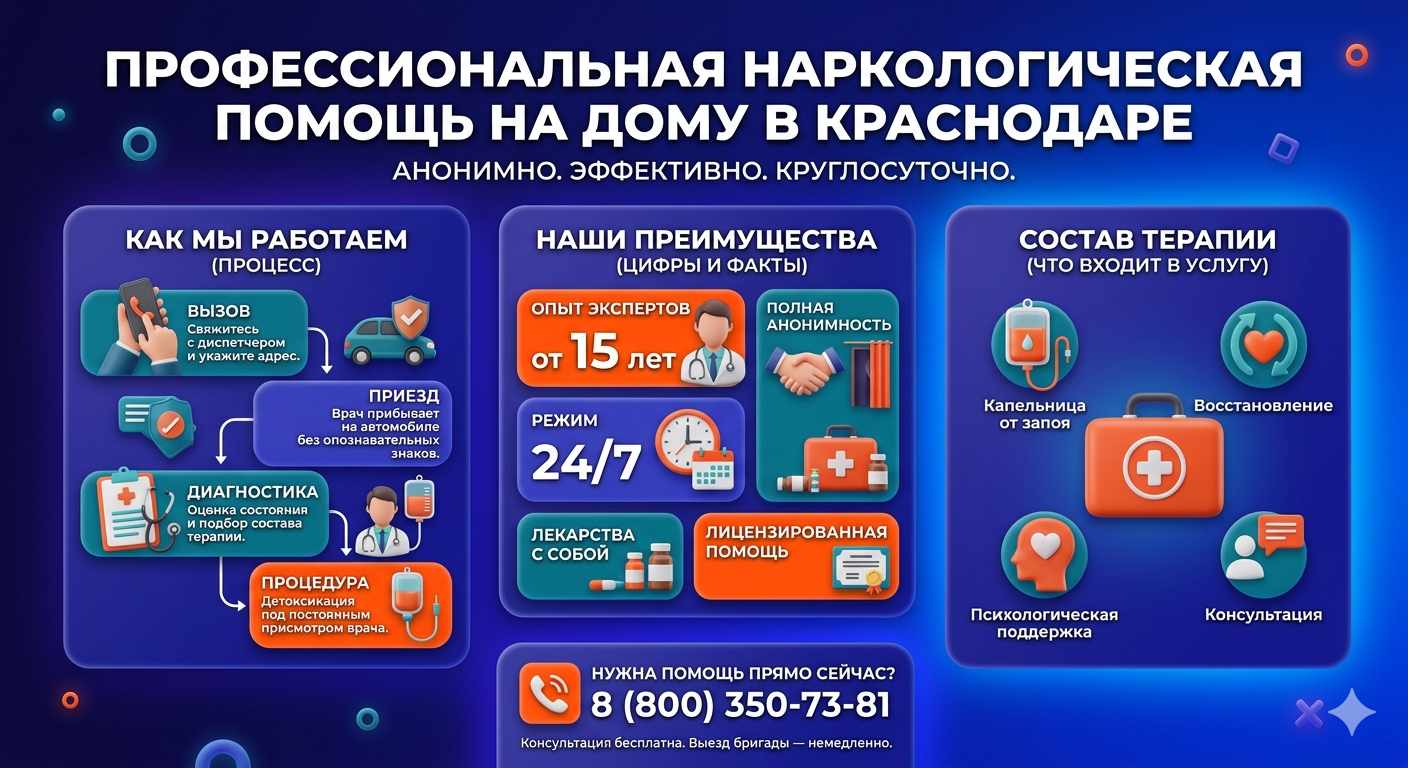 Инфографика о принципах лечения алкоголизма на дому в Ишимбае: этапы вызова нарколога, преимущества анонимной детоксикации и состав медицинской помощи.